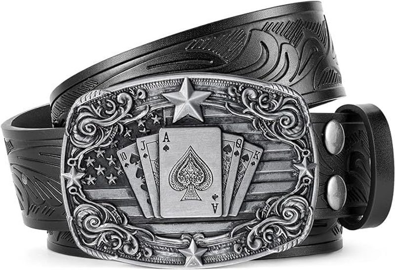 Men's engraved leather belt — western pattern, for jeans — colour option