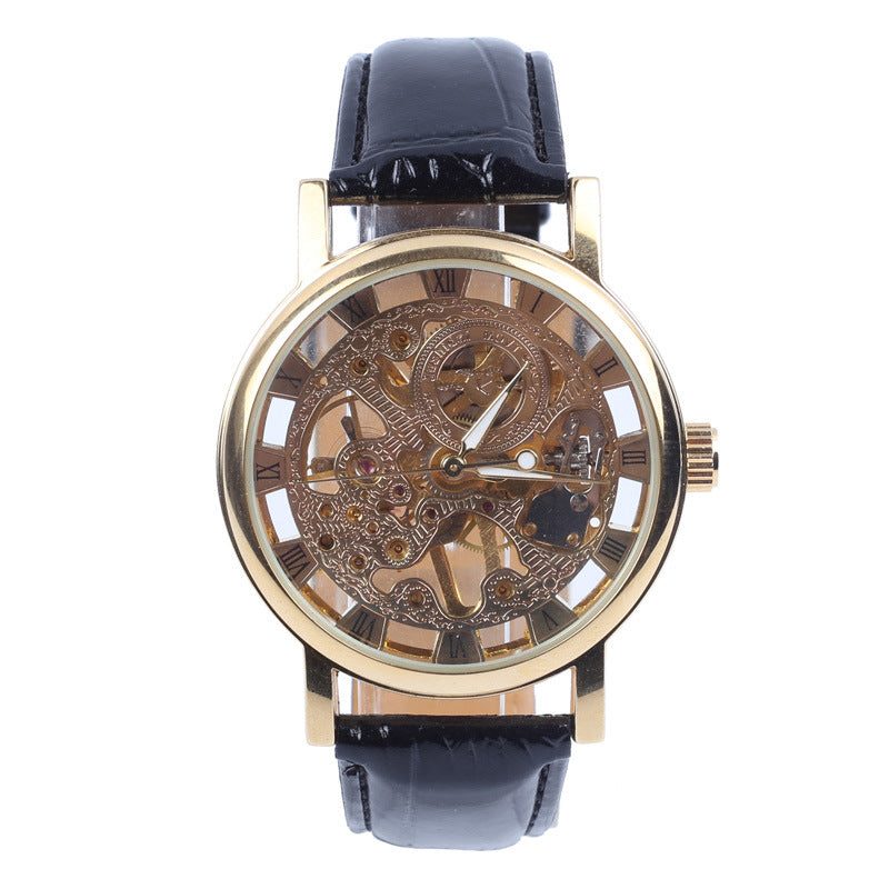 Gold mechanical skeleton watch with black leather strap